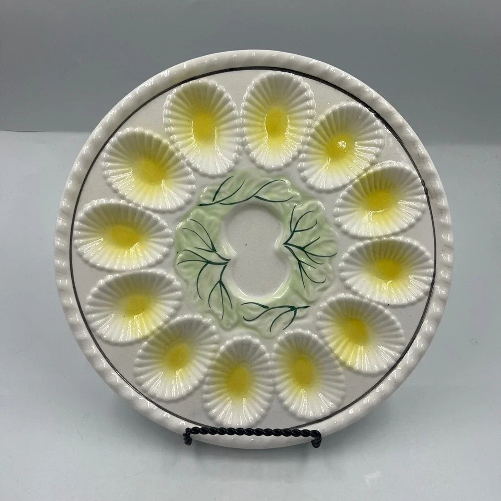 Vintage Ceramic Deviled Egg Platter 12 Wells Yellow Green Leaf Detail 11 Inch
